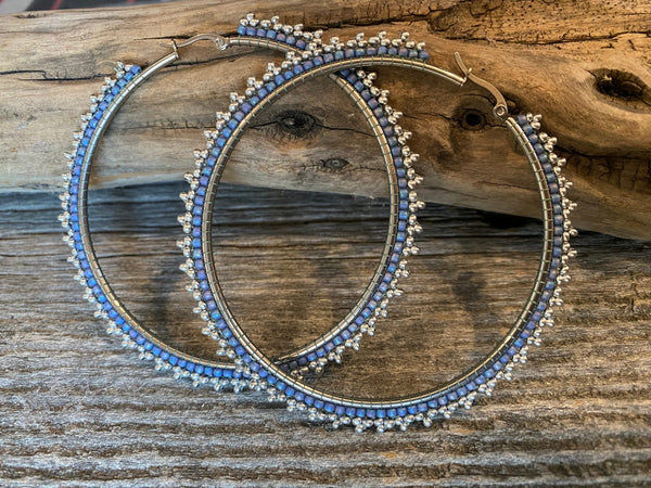 3 inch light blue beaded hoops, dusty denim hoop earrings