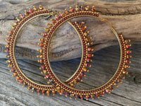 Large beaded red & gold hoops, 3’” inch hoop earrings