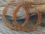 Large beaded red & gold hoops, 3’” inch hoop earrings