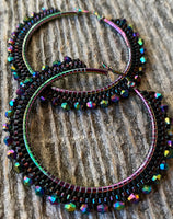 Iridescent black beaded hoop 5cm earrings, 2 ”beaded hoop earrings, beaded hoop earrings