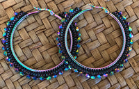 Iridescent black beaded hoop 5cm earrings, 2 ”beaded hoop earrings, beaded hoop earrings