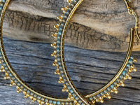 3 inch gulden turquoise & gold hoops, turquoise spike hoop earrings
