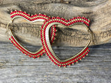 Beaded gold & red heart hoop earrings, valentines earrings, 5cm heart hoop earrings