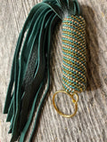 Green & gold beaded key chain with leather fringe, beaded zipper pull, beaded green leather fringe keychain