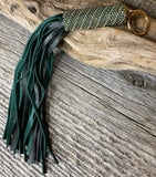 Green & gold beaded key chain with leather fringe, beaded zipper pull, beaded green leather fringe keychain