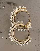 1” gold & white beaded clip on hoop earrings, clip on hoop earrings