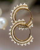 1” gold & white beaded clip on hoop earrings, clip on hoop earrings