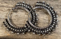 1” hematite & silver beaded clip on hoop earrings, black clip on hoop earrings