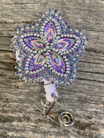 Beaded purple & silver badge reel, Native American beaded badge holder, Indigenous beadwork, beaded ID holder, ID card reel