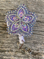 Beaded purple & silver badge reel, Native American beaded badge holder, Indigenous beadwork, beaded ID holder, ID card reel