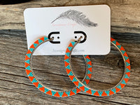 Turquoise & orange large beaded hoop earrings