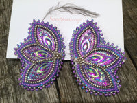 Beaded purple earrings, purple & silver peacock earrings