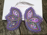 Beaded purple earrings, purple & silver peacock earrings