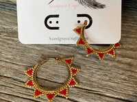 red beaded spike hoop earrings
