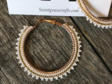 2" gold & white beaded hoop earrings