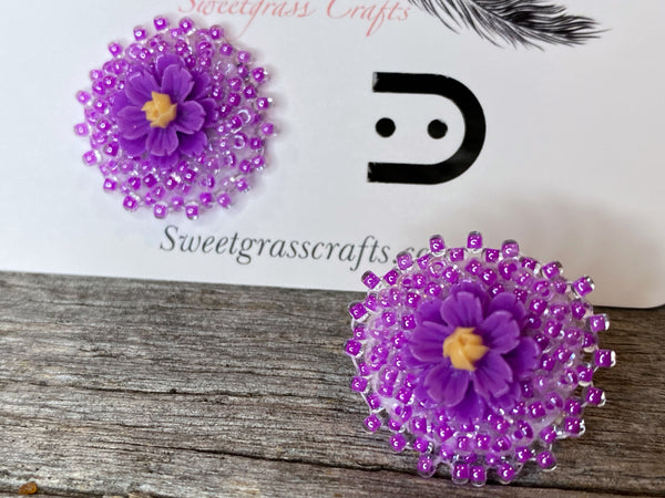 vibrant purple beaded rose earrings 