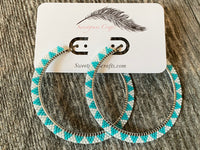 Turquoise & white large beaded hoop earrings
