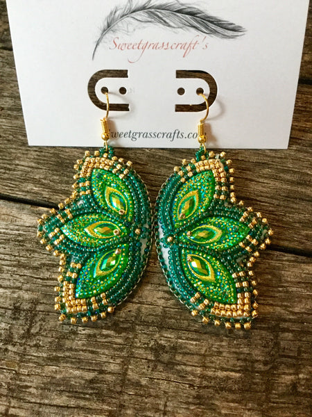 Beaded Peacock Earrings-teal & gold