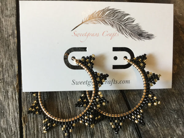 2 " inch black and gold beaded hoops
